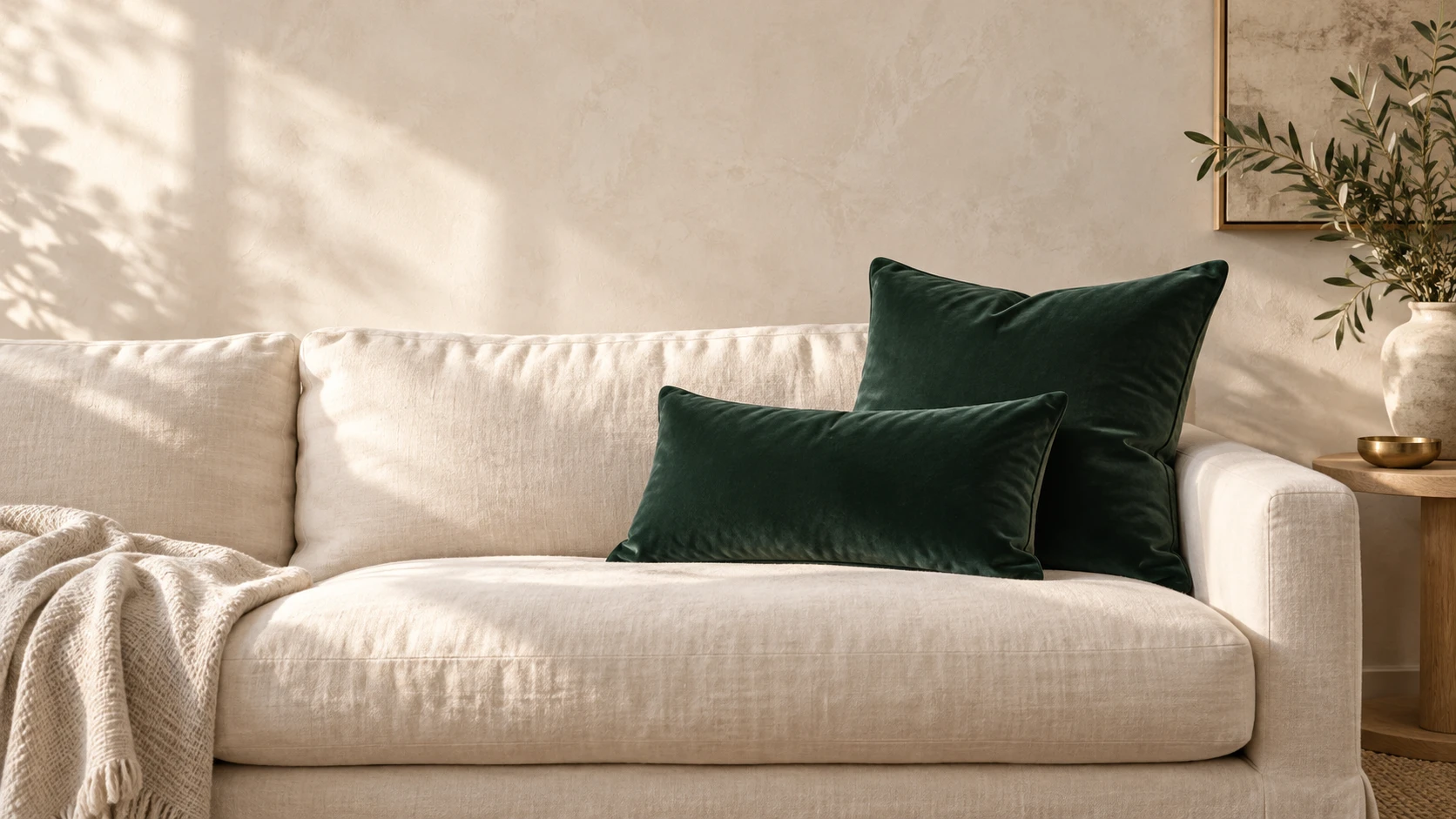 Forest green velvet cushions on a cream sofa in a warm, light-filled interior