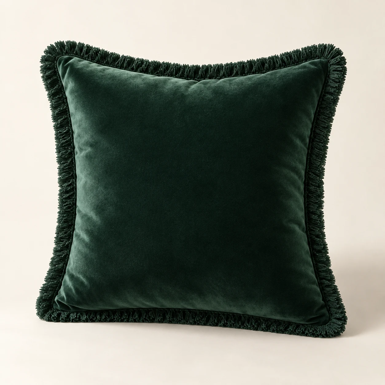The Fringed Square, Tonal short fringe, Forest Green velvet cushion cover