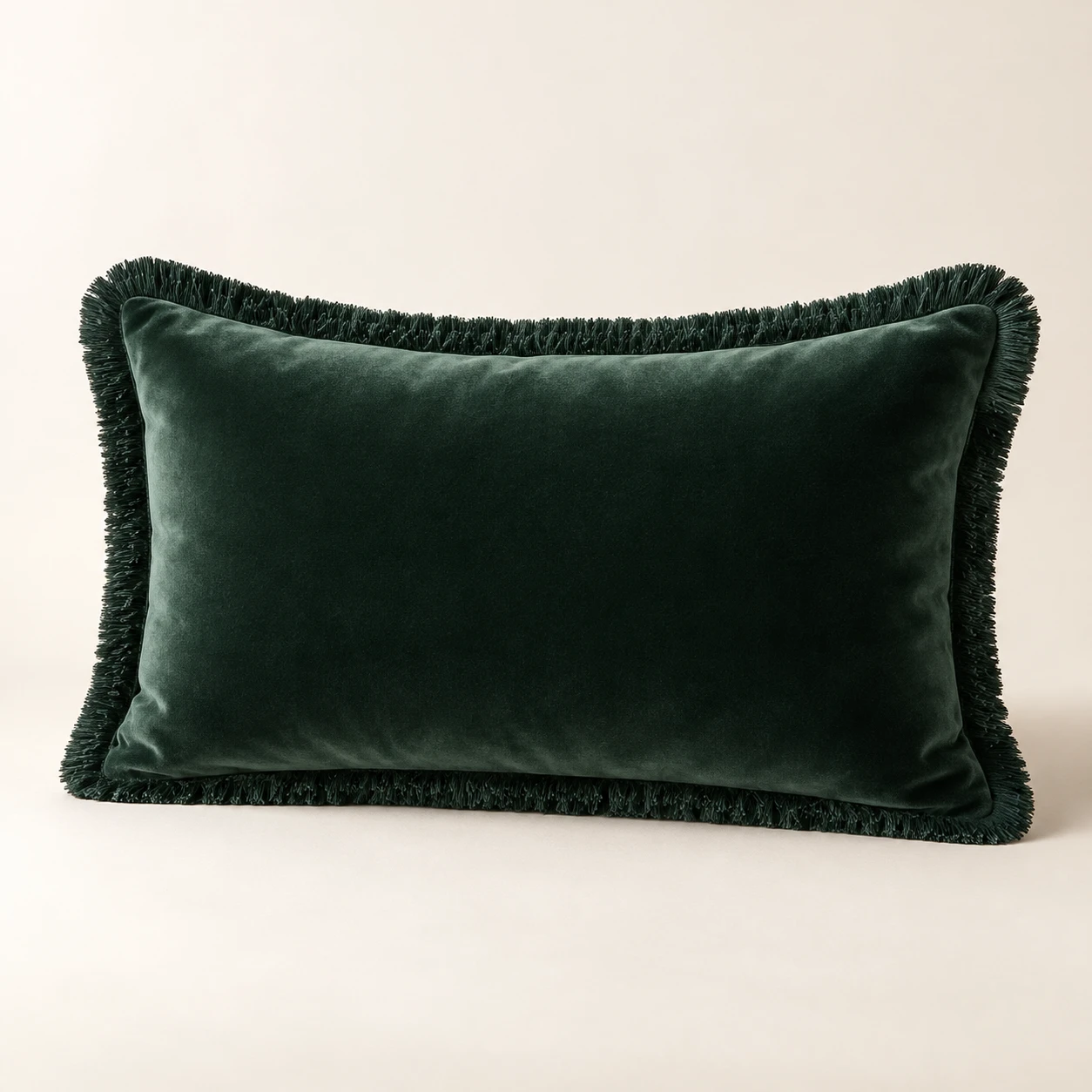 The Fringed Lumbar, Tonal short fringe, Forest Green velvet cushion cover